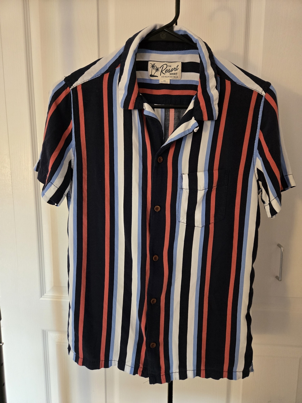 Navy, White & Coral Vertical Stripe Short Sleeve Shirt